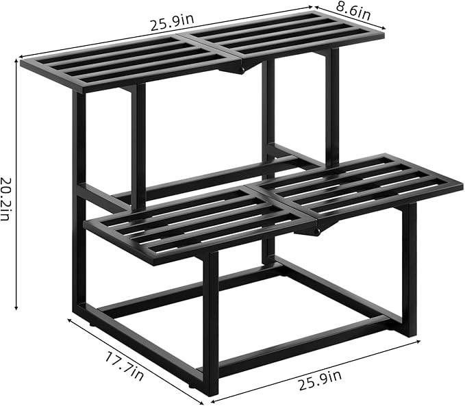 Metal Plant Stand, Foldable Heavy Duty Indoor, Window Iron Plant Shelf - Mid Century Modern Slatted Display for Patio,Garden, Living Room Load Bearing 330 lbs 26" L x 20.2" H x 17.7" W2 Tier Black