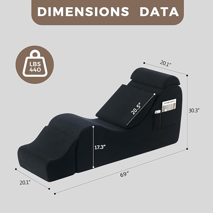 Yoga Chair Lounge for Adult, Ergonomic Chaise Lounge Chair with Side Pocket, Headrest, Waist Pad, Ottoman，Perfect for Stretching, Massage, and Relaxation, Used in Living Room, Bedroom（Black）