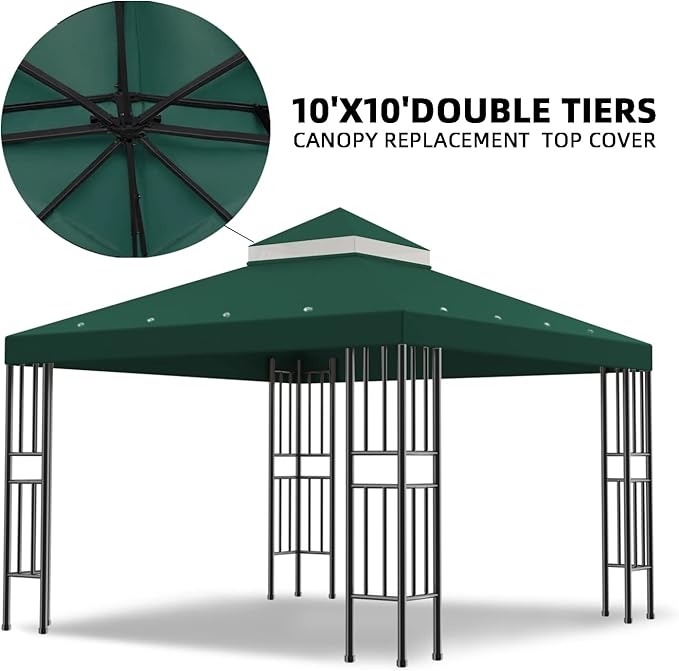Sumfaller 10x10 FT Gazebo Replacement Canopy Top Double Tiered Canopy Top for Outdoor BBQ Roof Cover Grill Shelter (Green)