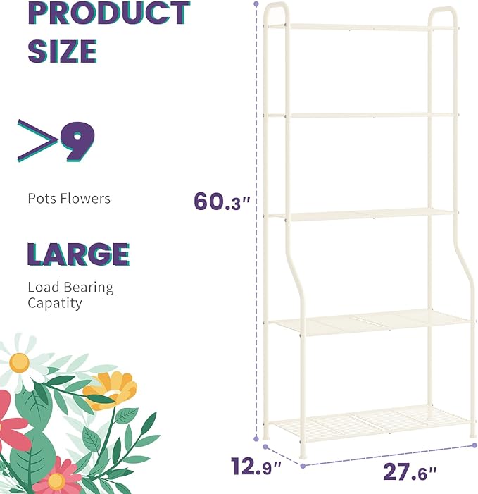 5-Tier Corner Plant Stand, Metal Black Flower Pot Rack, Indoor Outdoor Heavy Duty Shelf (Cream, 5 Tier)