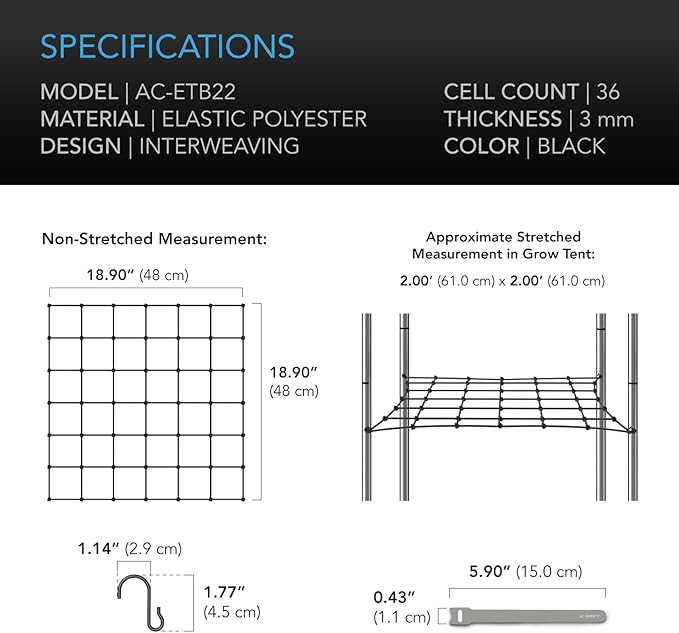 AC Infinity Grow Tent Trellis Netting 2x2', Heavy-Duty Elastic Plant Net with Steel Hooks, Flexible Hydroponics Support for Grow Tents, Gardening, and Horticulture