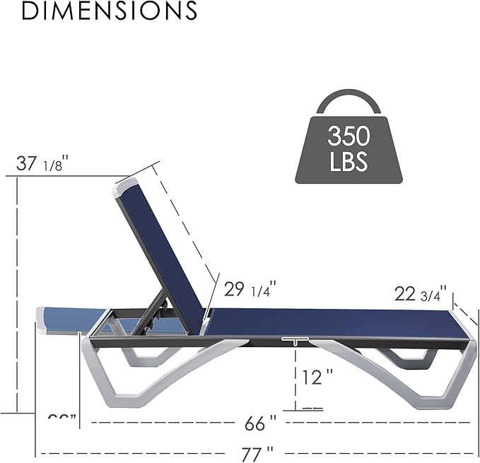 Kozyard Outdoor Chaise Lounge Chair, Full Flat Adjustable Patio Lounger with Aluminum Frame & Resin Legs, Textilene Fabric for Poolside, Backyard & Beach (NavyBlue Without Table)