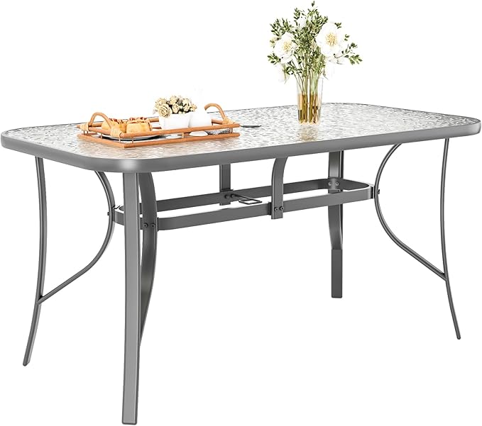 TLSUNNY Patio Outdoor Table W/ 1.69″ Umbrella Hole, 30"X 55" Rectangular Tempered Glass Patio Dining Table for 6, Outdoor Metal Furniture, All-Weather Use, for Patio, Graden, Backyard (Grey)