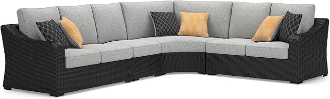 Signature Design by Ashley Beachcroft Curved Modern 4-Piece Outdoor Sectional with Cushion and 6 Throw Pillows, Light Gray