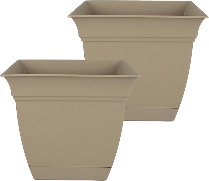 The HC Companies 10 Inch Eclipse Square Planter Pots with Drainage Holes & Attached Saucer, Lightweight UV-Resistant Plastic Indoor Outdoor Planters, 2-Pack Flower Pots, Garden Home Decor, Sandstone