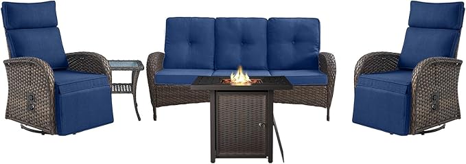 Belord 5 Piece Wicker Patio Furniture Set with 30" Propane Fire Pit Table, Outdoor Swivel Recliner Chairs with Adjustable Backrest & Footrest for Patio Conversation and Backyard Gathering
