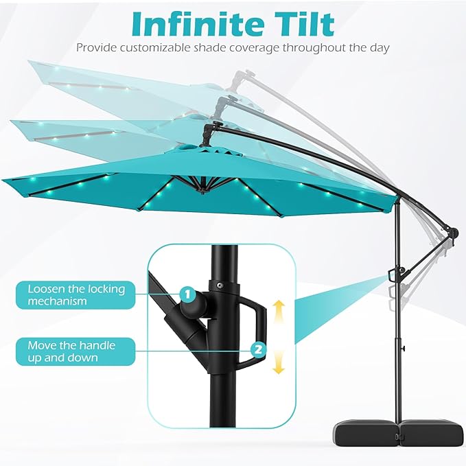 Tangkula 10ft Solar LED Patio Umbrella with Base, Offset Cantilever Outdoor Umbrella with 32 LED Lights, Infinite Tilt, 360 Degree Rotation, Crank Handle for Pool Deck Garden Backyard (Turquoise)