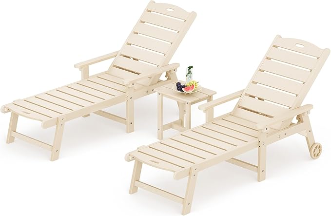 LUE BONA Chaise Lounge Chairs Set with Table, 3-Piece, 79'' Oversized HDPS Material, 5 Positions Adjustable Patio Lounge Chairs, Pool Lounge Chair with Wheels for Poolside, 3-Year Warranty, Sand