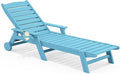 SERWALL Patio Chaise Lounge Chair, 78'' Long HDPE 5 Positions Adjustable Outdoor Lounger, Poly Lounge Chair with Rolling Wheels & Cup Holder for Pool, Light Blue