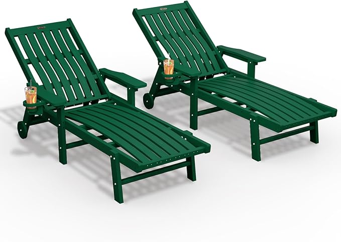 Patio Chaise Lounge Chair Set of 2, Oversized Lounge Chair Outdoor with 5 Positions, HDPE, Patio Lounge Chair with Wheels & Cup Holder for Pool, Deck, Poolside,Green