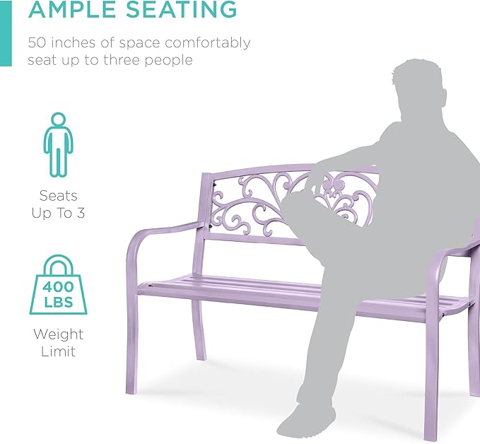 Best Choice Products Outdoor Bench Steel Garden Patio Porch Furniture for Lawn, Park, Deck w/Floral Design Backrest, Slatted Seat - Lavender