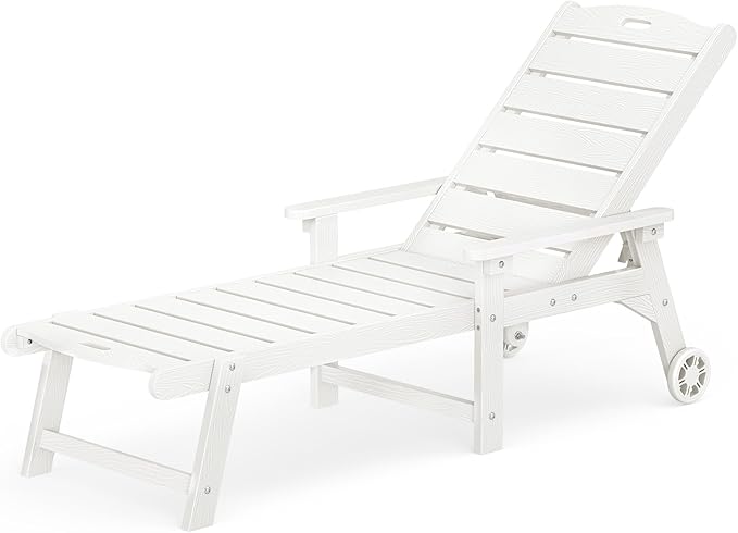 LUE BONA Outdoor Chaise Lounge, HDPS Chaise Lounger, 5 Positions Adjustable Lounge Chairs, Pool Lounge Chair with Wheels for Poolside, Backyard, White