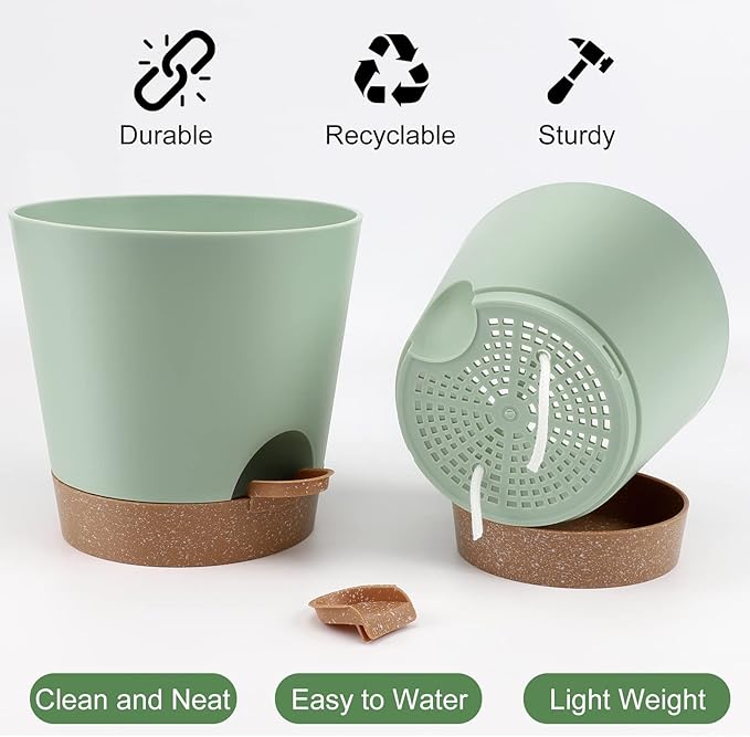 Indoor Self Watering Planters with Drainage Holes and Saucers, 8, 7, 6.5, 6, 5.5, 5 Inches, Green, 6 Pots.