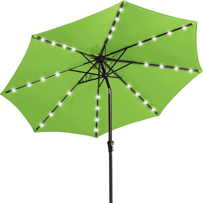 JEAREY 9FT Outdoor Patio Umbrella with Solar Lights, LED Lighted Pool Umbrella with Tilt and Crank, Outdoor Table Umbrellas for Deck, Yard & Market (Grass Green)