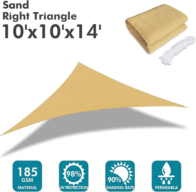 KANAGAWA Sun Shade Sail 10'x10'x14' Sand Triangle UV Block Canopy Awning Shelter Fabric Cloth Screen for Outdoor Patio Garden Backyard
