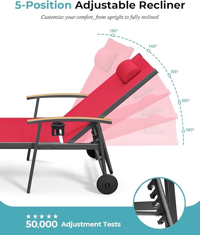 Ciokea Outdoor Lounge Chair with Pillow, 5-Position Aluminum Chaise Lounge with Wheels & Armrests, 400 lbs Heavy Duty Patio Pool Chair for Deck, Backyard, Beach & Poolside, Red