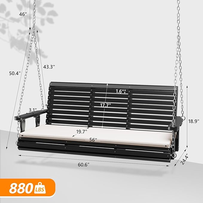 VINGLI Heavy Duty 880 LBS Patio Wooden Porch Swing Outdoor with Extra Cushion, Farmhouse Hanging Bench Tree Swing with Adjustable Chains for Yard | Garden | Lawn | Balcony (5 FT, Black)