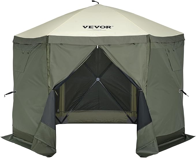 VEVOR Pop Up Gazebo Screen Tent 6 Sided Canopy Sun Shelter with 6 Removable Privacy Wind Cloths & Mesh Windows, 10x10FT Quick Set Screen Tent with Mosquito Netting, Army Green