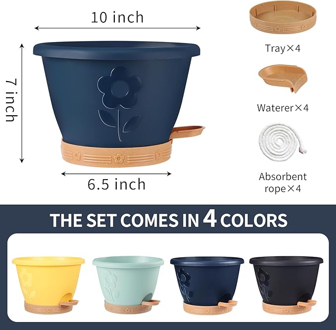 Plastic Plant Pots 10 Inch Set of 4, Self Watering Pots with Drainage Holes, Saucer & Reservoir, Flower Pots for Indoor/Outdoor Plants, Decorative Nursery Planting Pots (Blue)