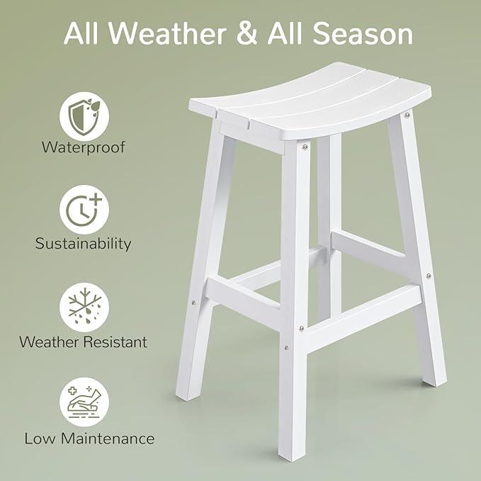 Outdoor Bar Stools Set of 2, Waterproof Barstools, Easy to Clean and Care, for Bar, Kitchen Counter, Deck, and Patio, White
