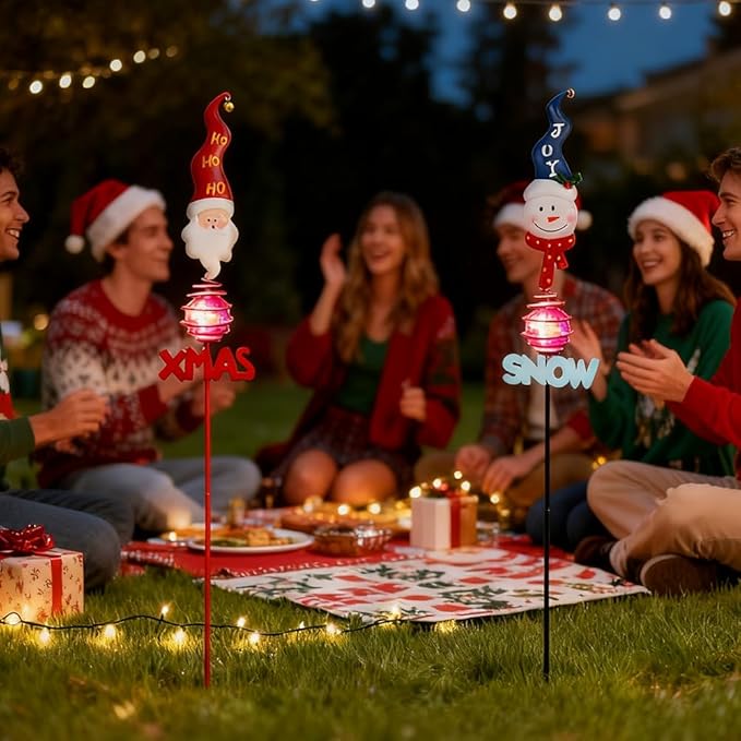 Christmas Solar Garden Stake Lights,2 Pack Snowman＆Santa Claus Xmas Pathways Lights,Solar Christmas Decorations for Outside Lawn Patio Landscape