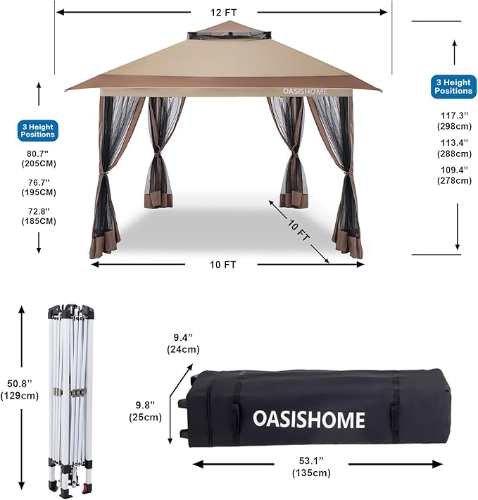 OASISHOME Pop-up Gazebo Portable Instant Canopy Tent 12x12, One-Push Locking System, with 4 Mesh Sidewall, Wheeled Bag, for Patio/Backyard/Outdoor/Parties/Events (Khaki)
