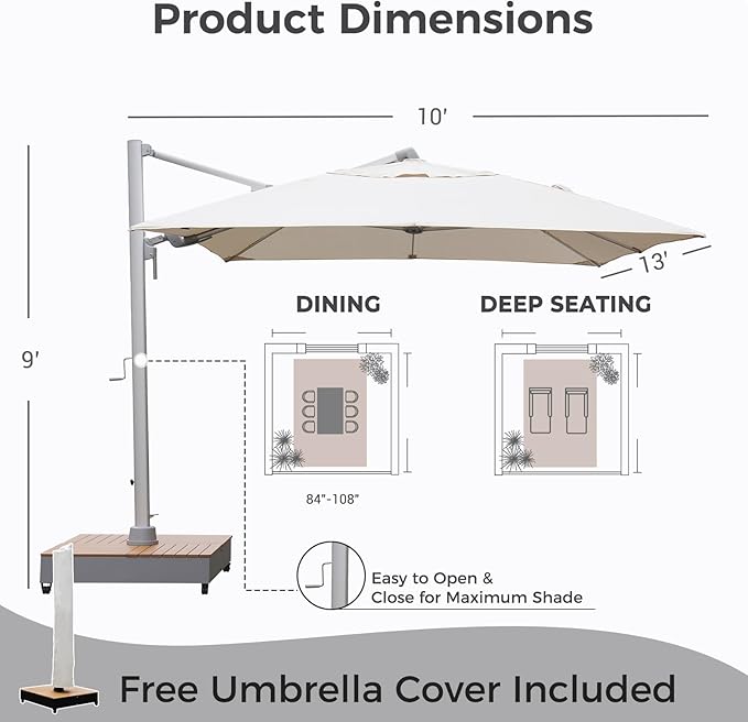Grand patio 10x13 FT Patio Umbrella with Base, Acrylic Outdoor Cantilever Aluminum Umbrella, 5-Year-Non-Fading Rectangular Offset Umbrella with Cover for Poolside, Deck, Backyard, Gray Pole