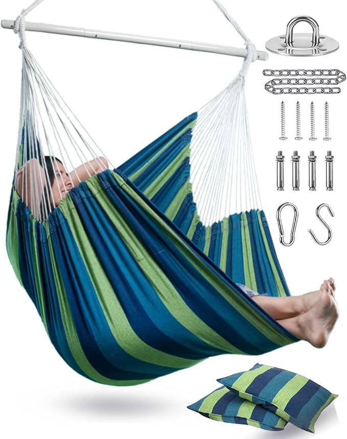 XXL Hammock Chair Hanging Rope Swing with 2 Cushions - Max 500lbs-Perfect for Patio, Porch, Bedroom, Backyard, Indoor or Outdoor - Includes Hanging Hardware Kits