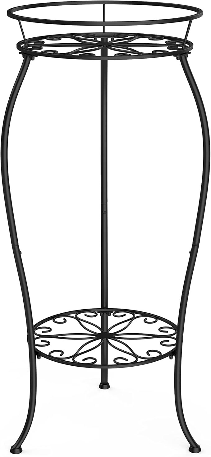 FaithLand Plant Stand, Metal Planter Holder Indoor Outdoor, 2 Tier Round Potted Supports Rack, Corner Display Shelf Black, Tall