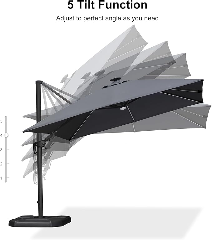 PURPLE LEAF 10 Feet Patio Umbrella Outdoor Cantilever Solar Powered LED Swivel Square Umbrella Aluminum Offset Umbrella with 360-degree Rotation for Garden Deck Pool Patio, Grey