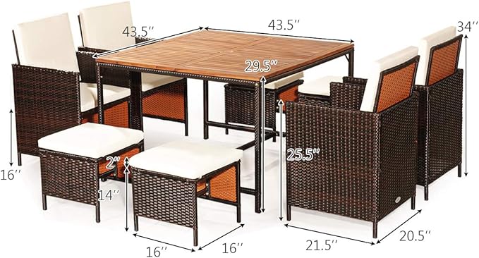 Tangkula 9 Pieces Patio Acacia Wood Table and Chairs Set with Umbrella Hole, Outdoor Space Saving Outdoor Dining Set,for Garden,Yard,Poolside