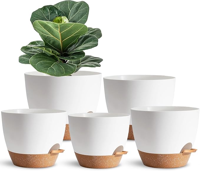Indoor Plant Pots for Lazy People, 5Pack White Plastic Self Watering Planter Pots for Houseplants,Succulent, African Violets,Snake Plants, Flowers and Cactus(7/6.5/6/5.5/5 Inch)
