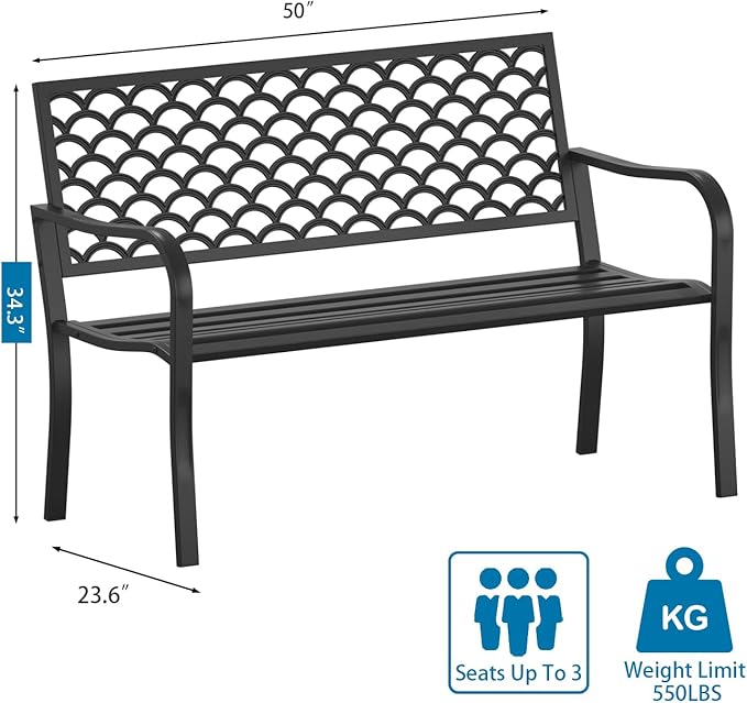 On Shine Outdoor Garden Bench Cast Iron Steel Outdoor Bench Clearance Weatherproof Metal Park Bench for Porch, Yard, Lawn, Deck (Scale)
