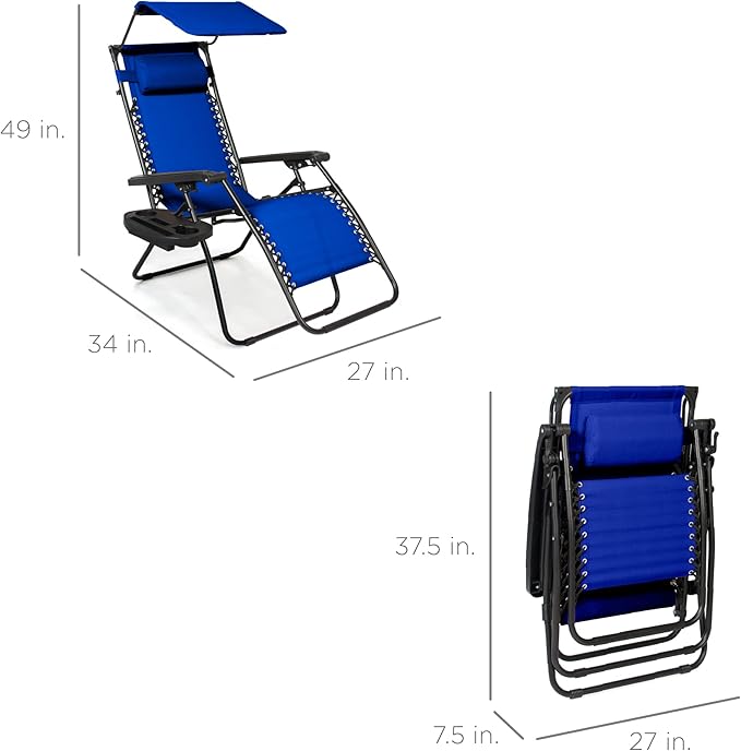 Best Choice Products Folding Zero Gravity Outdoor Recliner Patio Lounge Chair w/Adjustable Canopy Shade, Headrest, Side Accessory Tray, Textilene Mesh - Cobalt Blue