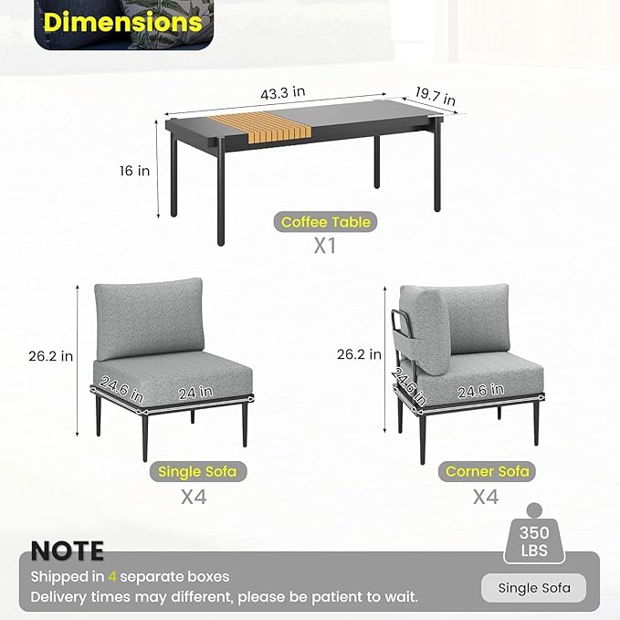 Sundale Outdoor 9 Pieces Patio Furniture Set, U-Shaped Outdoor Sectional Sofa with 6 Inch Olefin Cushion and Coffee Table, Modern Metal Outdoor Conversation Sets for Backyard, Poolside, Sunroom