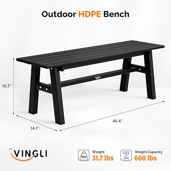 VINGLI 47” Outdoor HDPE Bench, Weatherproof Garden Bench w/Metal Legs, Poly Lumber Porch Benches, 660 LBS Capacity Outdoor Backless Patio Benches for Entryway Deck (Black)