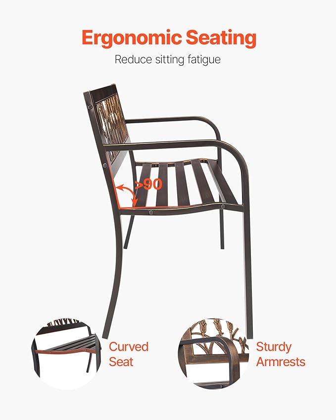 VEVOR Outdoor Bench, 50 inch, Carbon Steel Metal Frame with PVC Floral Pattern Backrest and Round Edge Armrests, Weatherproof Outside Bench for Patio, Garden, Park, Yard, Front Porch, Antique Bronze