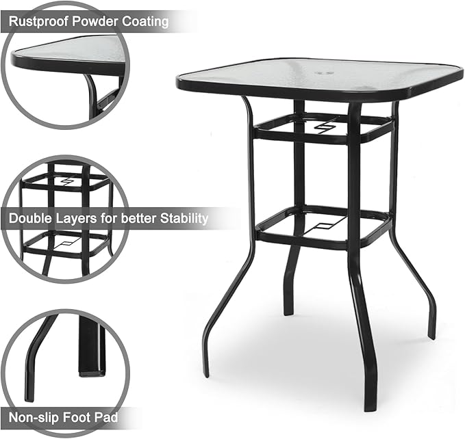 VINGLI Outdoor Bar Table with Umbrella Hole, Modern Black Metal Patio Bar Table, High Top Table for Outdoor Relaxation and Home Entertaining (Black, 31.5'x31.5'x40.3')