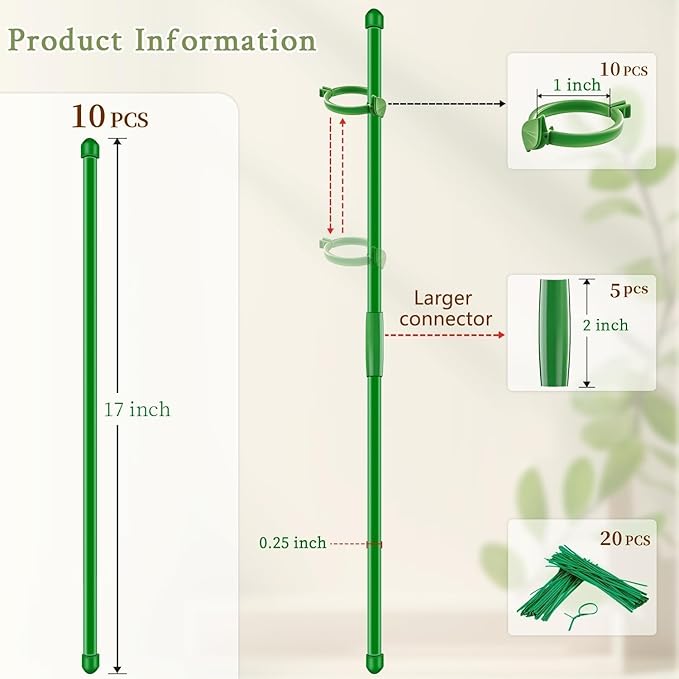 Plant Stakes 17 inch SupKing Support Stick Orchid Stakes with Clips 10Pcs Garden Plant Poles Extended to 3/4/5ft for Indoor Outdoor Potted Tomato Rose Amaryllis Vegetables Monstera Comes with 20 Ties