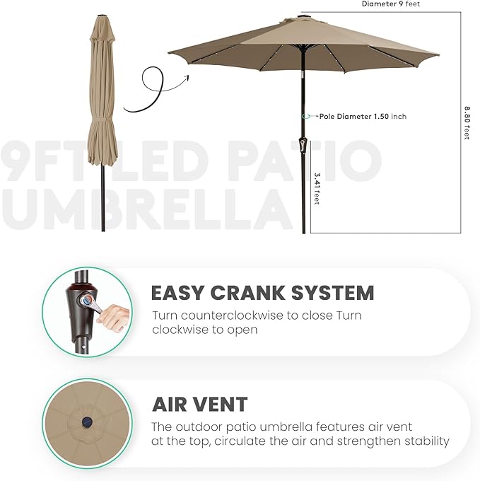 JEAREY 9FT Outdoor Patio Umbrella with Solar Lights, LED Lighted Pool Umbrella with Tilt and Crank, Outdoor Table Umbrellas for Deck, Yard & Market (Beige)