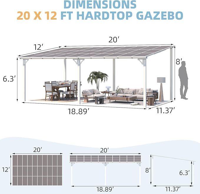 AECOJOY 20' x 12' White Gazebo Pergola, 12x20 Large Wall Mounted Lean to Pergolas and Gazebos on Clearance with Patio Roof, Outdoor Patio Metal Awnings for Decks, Porch, Backyard