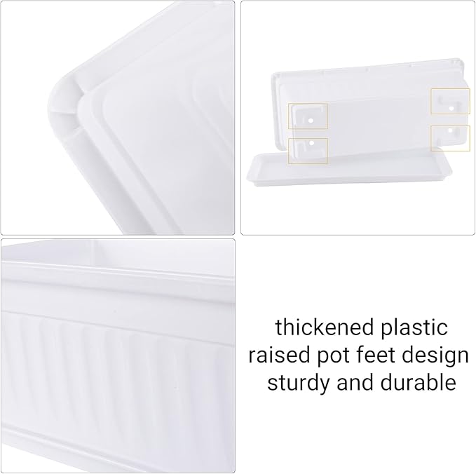 GREANER Rectangle Plastic Flower Boxes, 3 Pack Large Long Planter 16.9x7.48 Inch Morden Thicken Vegetable Plant Pot with Tray for Garden, Kitchen, Window, Office, Balcony, Outdoor Indoor Use - White