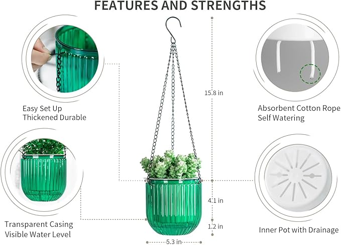 Josteve 5.2 Inch 2 Pcs Self Watering Hanging Planter Indoor Plant Pots Drainage Holes, Outdoor Small Hanging Planters Flower Pot Basket, Visible Water Level, Plant Hanger Home Decor, Gardening