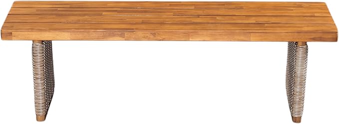Christopher Knight Home Pasco Acacia Wood Outdoor Dining Table Set for 6, Wicker Patio Dining Set with Acacia Wood Table and Bench, Patio Table and Chair Set with Cushion+Rope Backrest,Brown+Teak+Grey