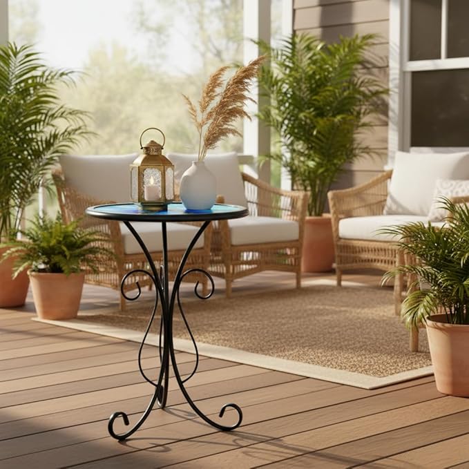 LIFFY Outdoor Side Table, 12" Glass Peacock Tabletop Patio Tables with Metal Frame, 21" Height Indoor Small Round Home Decorative Plant Stand Outside for Garden Patio Yard Porch