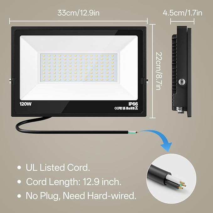 USTELLAR 120W LED Flood Lights Outdoor Hardwired 2Pack Bright 120W Equiv. 24000LM Security Light Outside Lamp IP66 Waterproof 6000K Daylight White Spot Light Exterior Floodlight for Backyard House