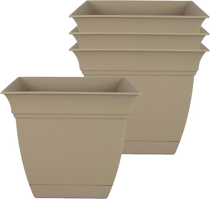 The HC Companies 8 Inch Eclipse Square Planter Pots with Drainage Holes & Attached Saucer, Lightweight UV-Resistant Plastic Indoor Outdoor Planters, 4-Pack Flower Pots for Garden Home Decor, Sandstone