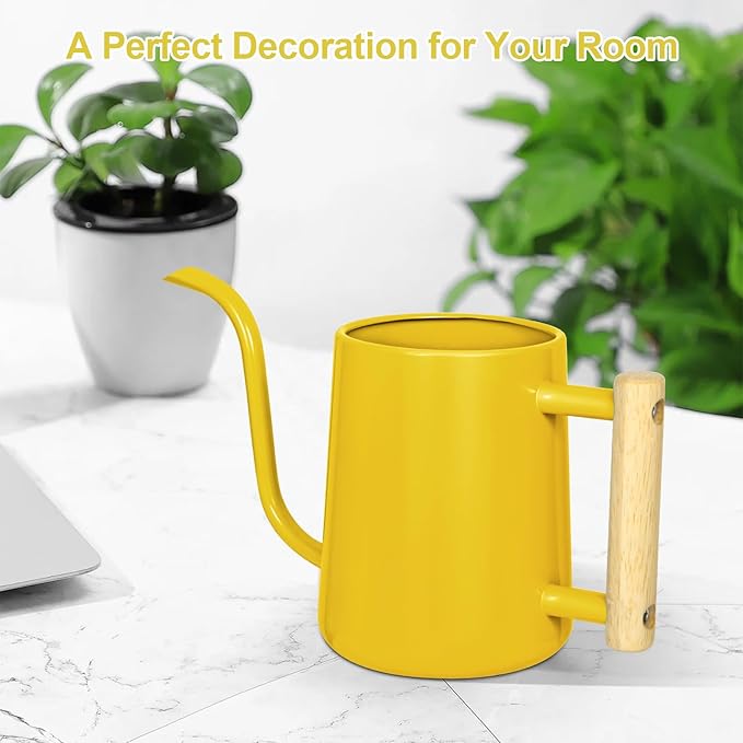 Watering Can Indoor Plants, 35 oz/1000 ml Metal Stainless Steel Watering Can Pot with Long Spout for Indoor House Plants Bonsai Outdoor Garden Flower Decorative (Yellow)