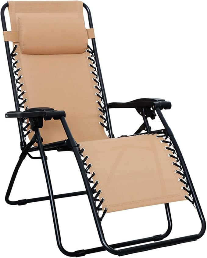 Amazon Basics Outdoor Patio Zero Gravity Folding Reclining Lounge Chair with Padded Headrest Pillow, Adjustable Lawn Chair for Outside, Weather-resistant Textilene, 26", Beige