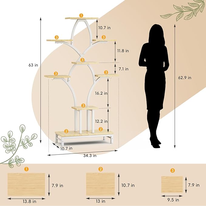 Plant Stand Indoor with 4 Grow Lights - 63" Tall Plant Shelf- 8 Tiered Corner Plant Flower Stands Display Shelves for Home, Patio (White)
